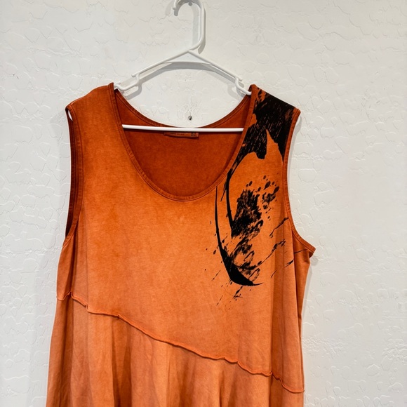 Luukaa Orange Midi Dress Womens 16 Black Details Asymmetrical Hem Lagenlook - Picture 2 of 10